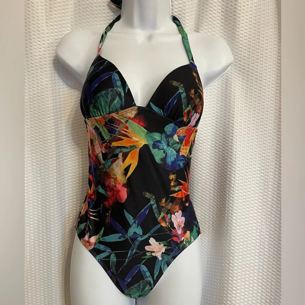 Old Navy black floral print one-piece swimsuit size XS NWT